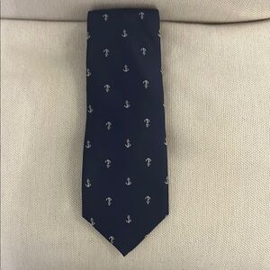 Tommy Hilfiger Navy Blue Silk Tie with White Anchor Tree Motifs